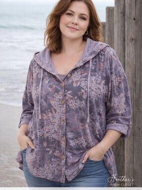 Coldwater Creek Lilac Floral Button Front Hooded Top Size Medium Petite